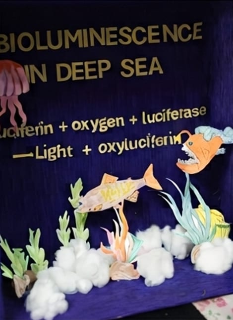 A student diorama of deep-sea bioluminescence with an anglerfish and the luciferin reaction written out