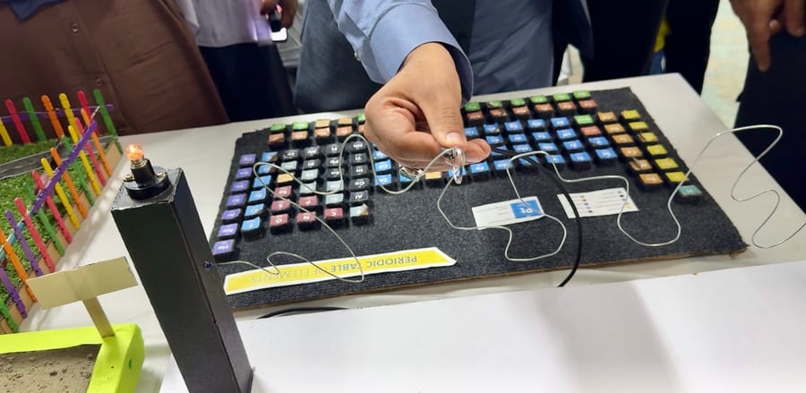 A student-built periodic table of the elements with a wire-loop circuit game and a lit bulb