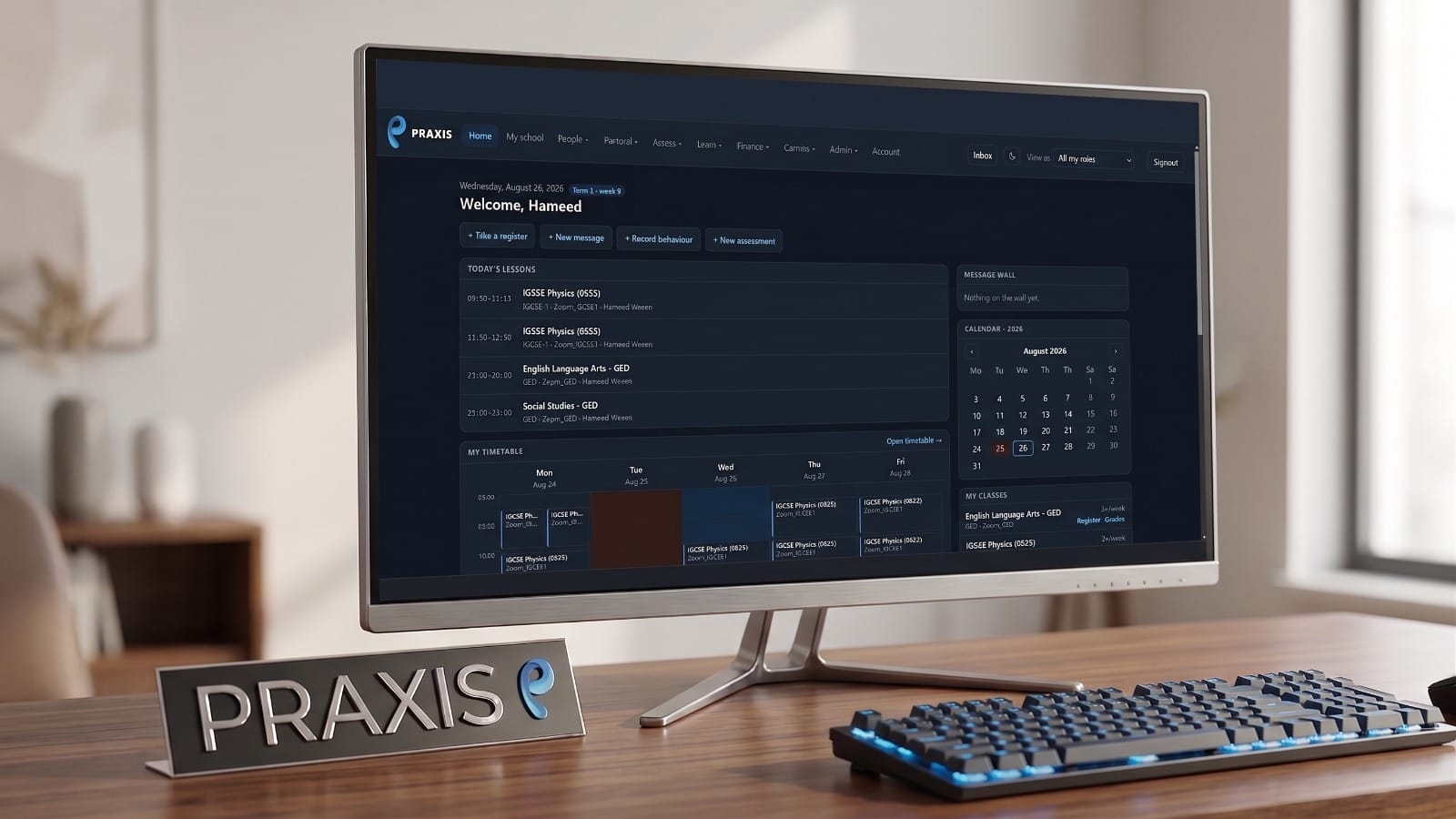 Praxis on a desktop: a teacher's day at a glance — today's lessons, the week's timetable, calendar and classes